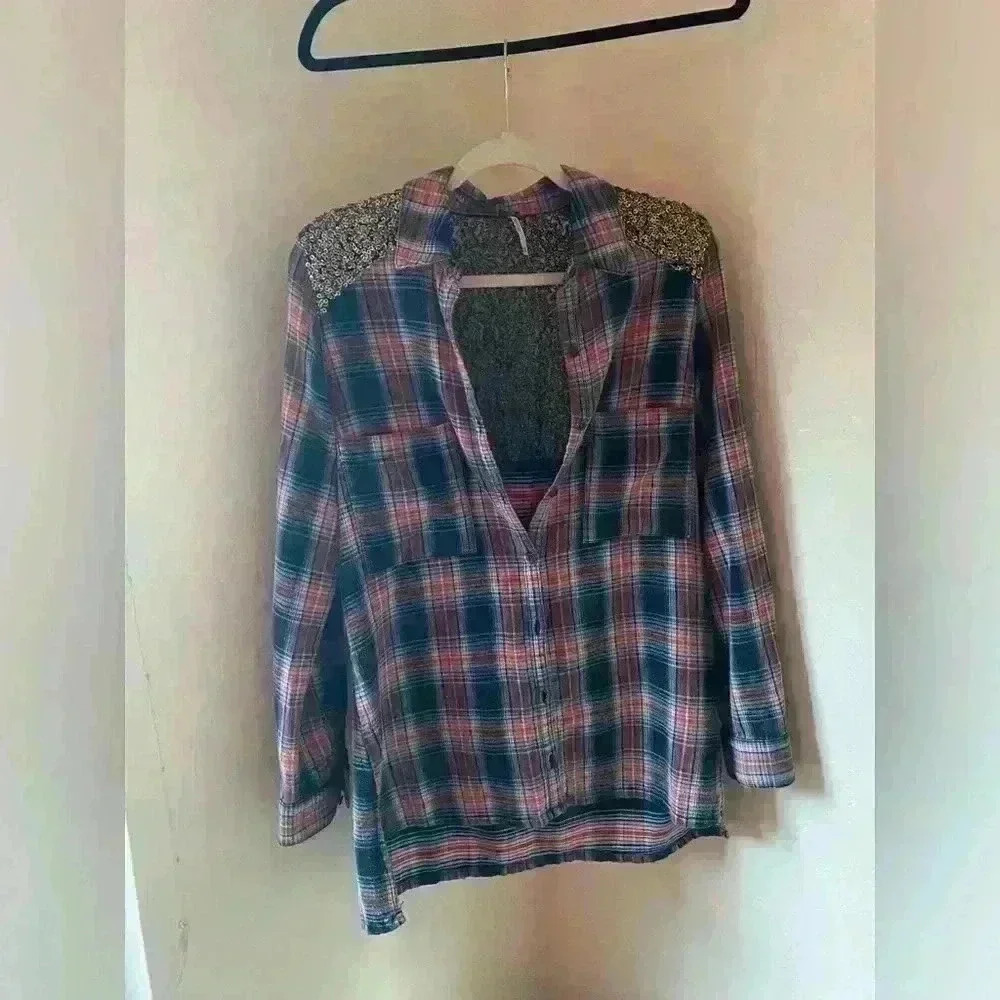 Free People Sequin Bling Flannel Top. Sz XS